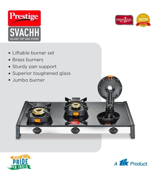 TTK Prestige  Svachh GTSV-03 Glass top LP Gas Table, 3 Burner, With Liftable Burner Set - Powder Coated Body with Toughened Glass Top