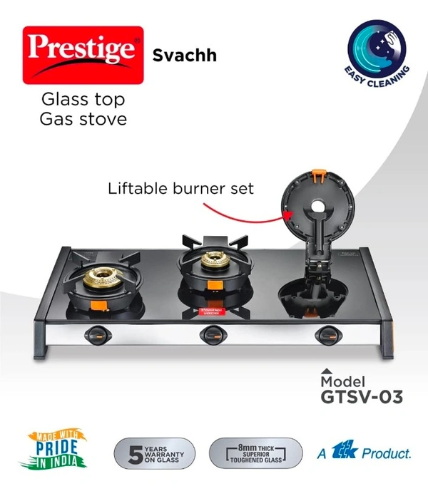 TTK Prestige  Svachh GTSV-03 Glass top LP Gas Table, 3 Burner, With Liftable Burner Set - Powder Coated Body with Toughened Glass Top