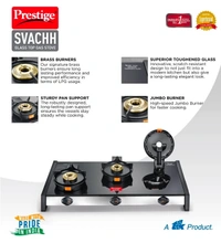 TTK Prestige  Svachh GTSV-03 Glass top LP Gas Table, 3 Burner, With Liftable Burner Set - Powder Coated Body with Toughened Glass Top