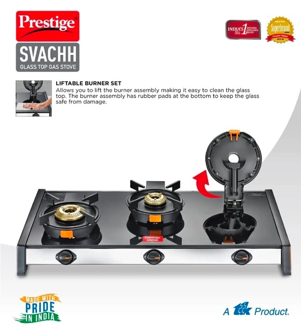 TTK Prestige  Svachh GTSV-03 Glass top LP Gas Table, 3 Burner, With Liftable Burner Set - Powder Coated Body with Toughened Glass Top