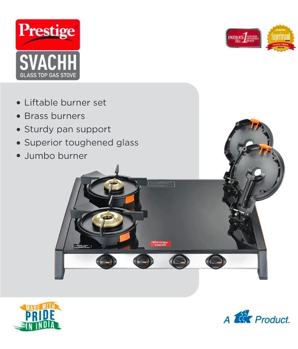 TTK Prestige Svachh GTSV-04 Glass top LP Gas Table, 4 Burner, With Liftable Burner Set - Powder Coated Body with Toughened Glass Top