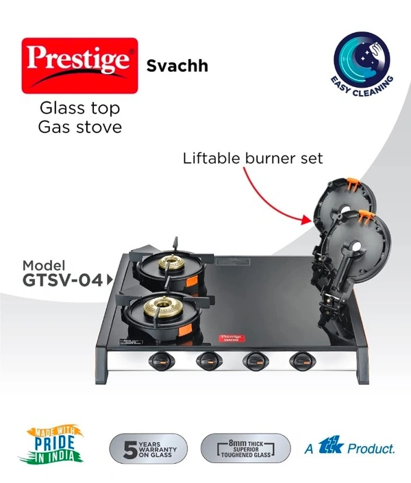 TTK Prestige Svachh GTSV-04 Glass top LP Gas Table, 4 Burner, With Liftable Burner Set - Powder Coated Body with Toughened Glass Top