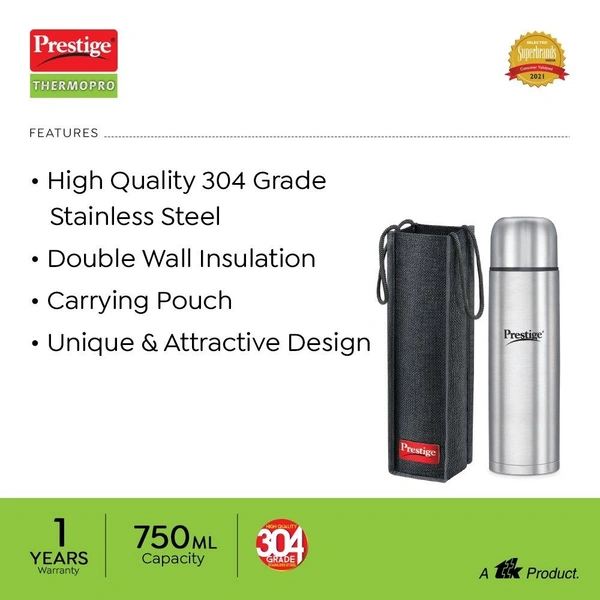 TTK PRESTIGE  Prestige Thermopro Stainless Steel Flask PFSL 3 - 750ml - High quality 304 Grade Stainless Steel Flask PFSL 3 - 750mlScrew Stopper to seal the liquid