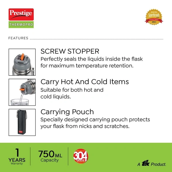 TTK PRESTIGE  Prestige Thermopro Stainless Steel Flask PFSL 3 - 750ml - High quality 304 Grade Stainless Steel Flask PFSL 3 - 750mlScrew Stopper to seal the liquid