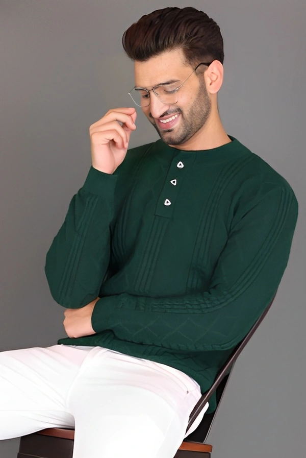 Round Neck Casual Men Pure Wool Green - Dark Fern