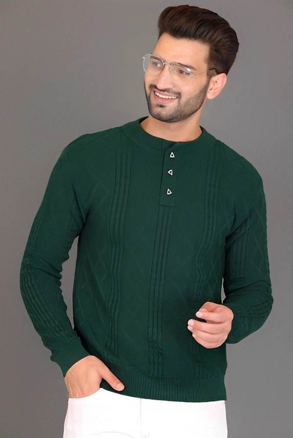 Round Neck Casual Men Pure Wool Green - Dark Fern