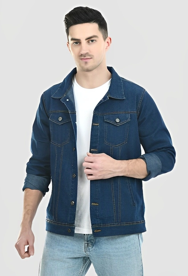 MONTREZ Full Sleeve Solid Men Denim Jacket - Navy Blue, S