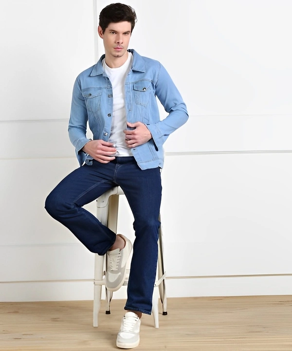 MONTREZ Full Sleeve Solid Men Denim Jacket - Royal Blue, S