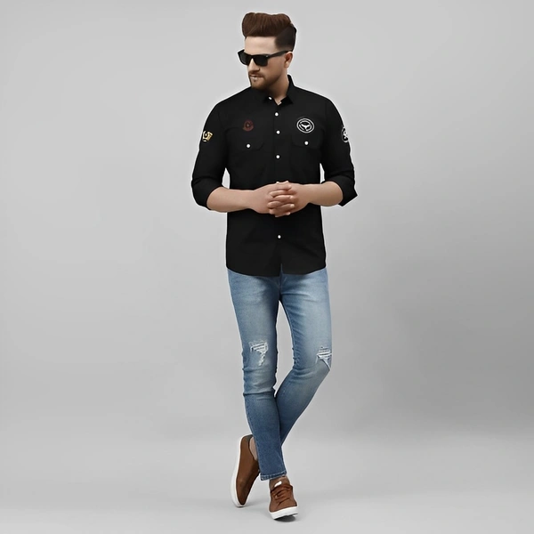 BOSQUE Men Self Design Casual Black Shirt - Black