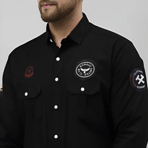 BOSQUE Men Self Design Casual Black Shirt - Black