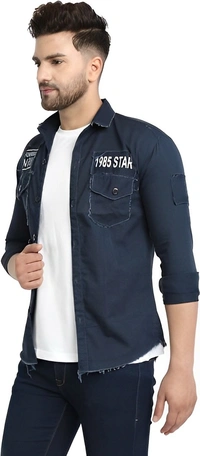 white luxury Full Sleeve Solid Men Denim Jacket - Navy Blue, S