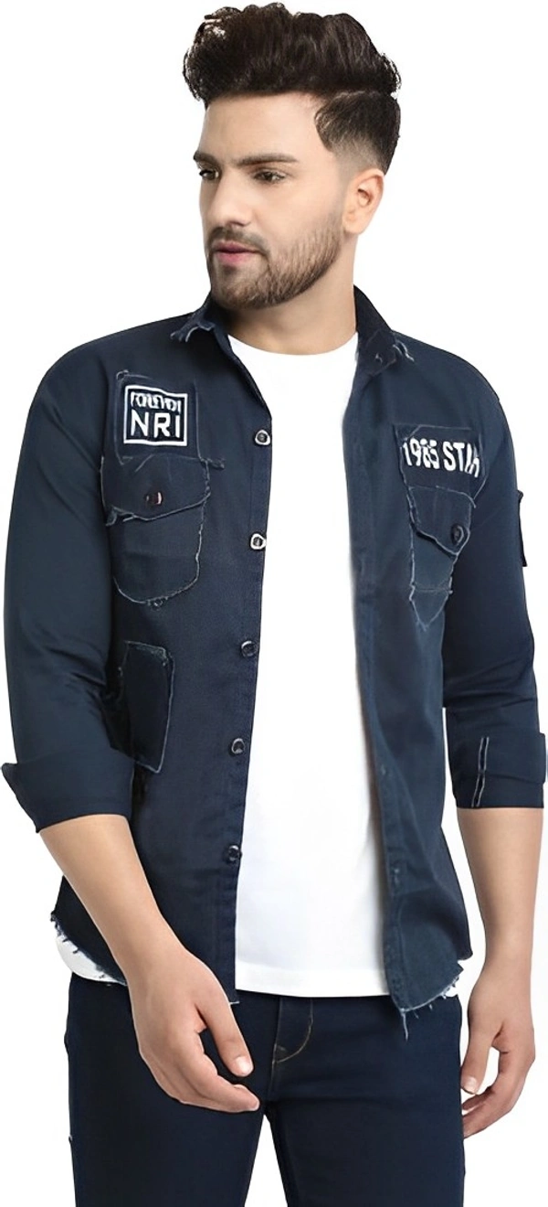white luxury Full Sleeve Solid Men Denim Jacket - Navy Blue, M