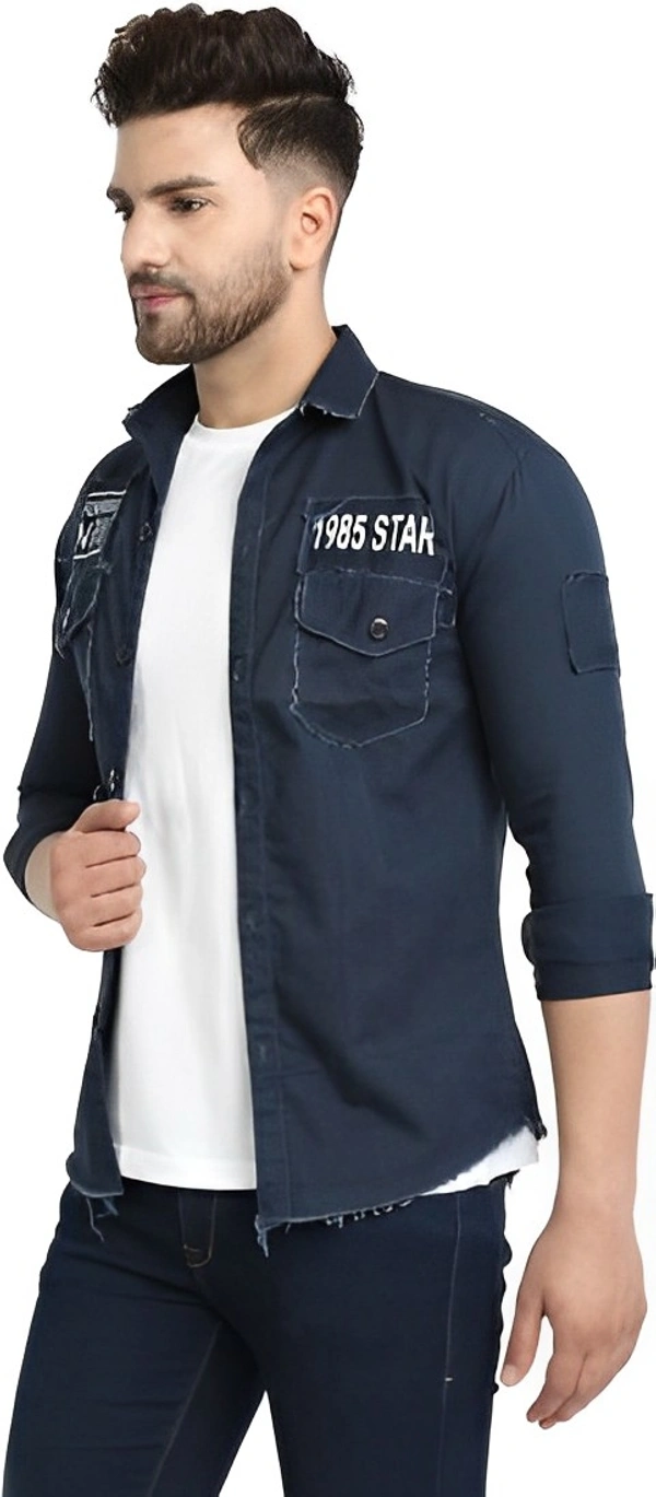 white luxury Full Sleeve Solid Men Denim Jacket - Navy Blue, L