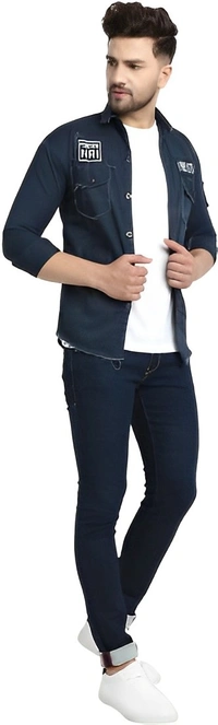 white luxury Full Sleeve Solid Men Denim Jacket - Navy Blue, L