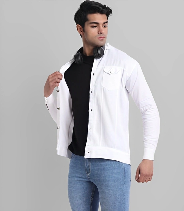 white luxury Full Sleeve Solid Men Denim Jacket - White, M