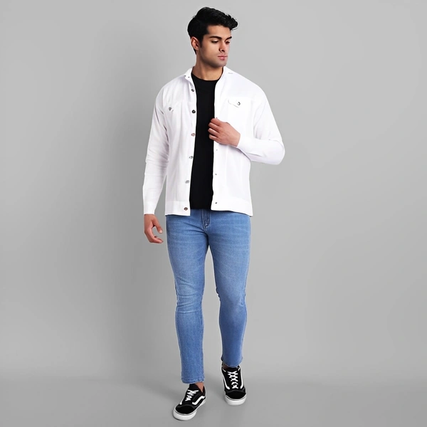white luxury Full Sleeve Solid Men Denim Jacket - White, M