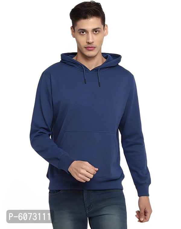 Cotton Solid Long Sleeves Hooded Sweatshirte - Blue, L