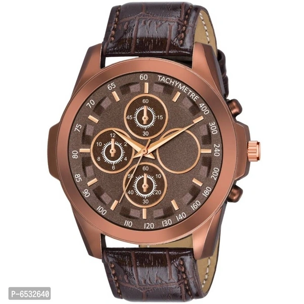 New Round Leather Analog Mens Watch  - Brown, Free Size