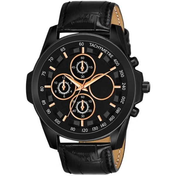 New Round Leather Analog Mens Watch  - Black, Free Size