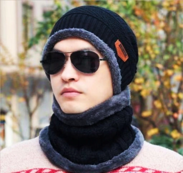 Winter Combo Cap And Muffler Benie Cap Neck Warmer Scarf Unisex Wollen - Red, Free Size