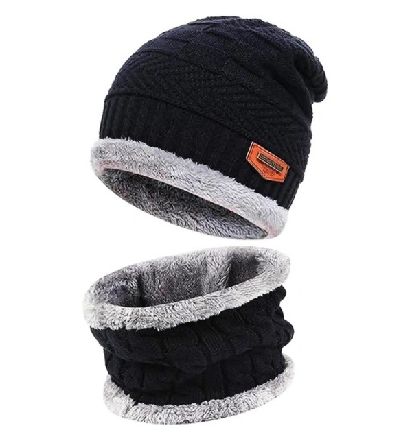 Winter Combo Cap And Muffler Benie Cap Neck Warmer Scarf Unisex Wollen - Red, Free Size