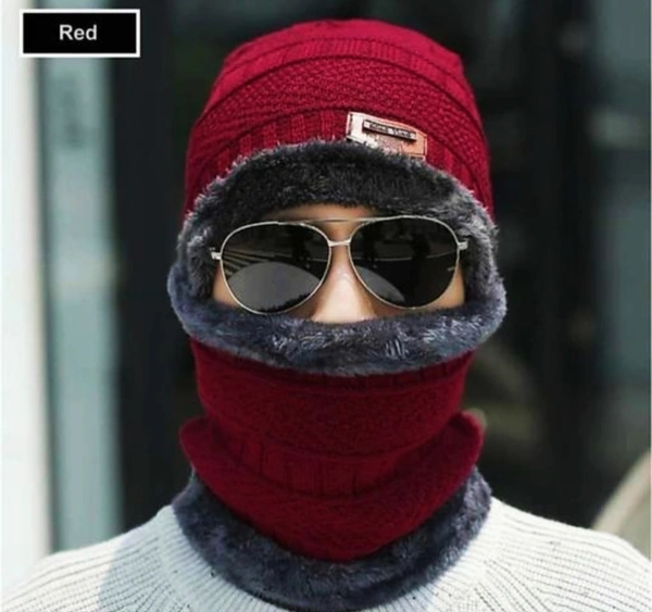 Winter Combo Cap And Muffler Benie Cap Neck Warmer Scarf Unisex Wollen - Red, Free Size