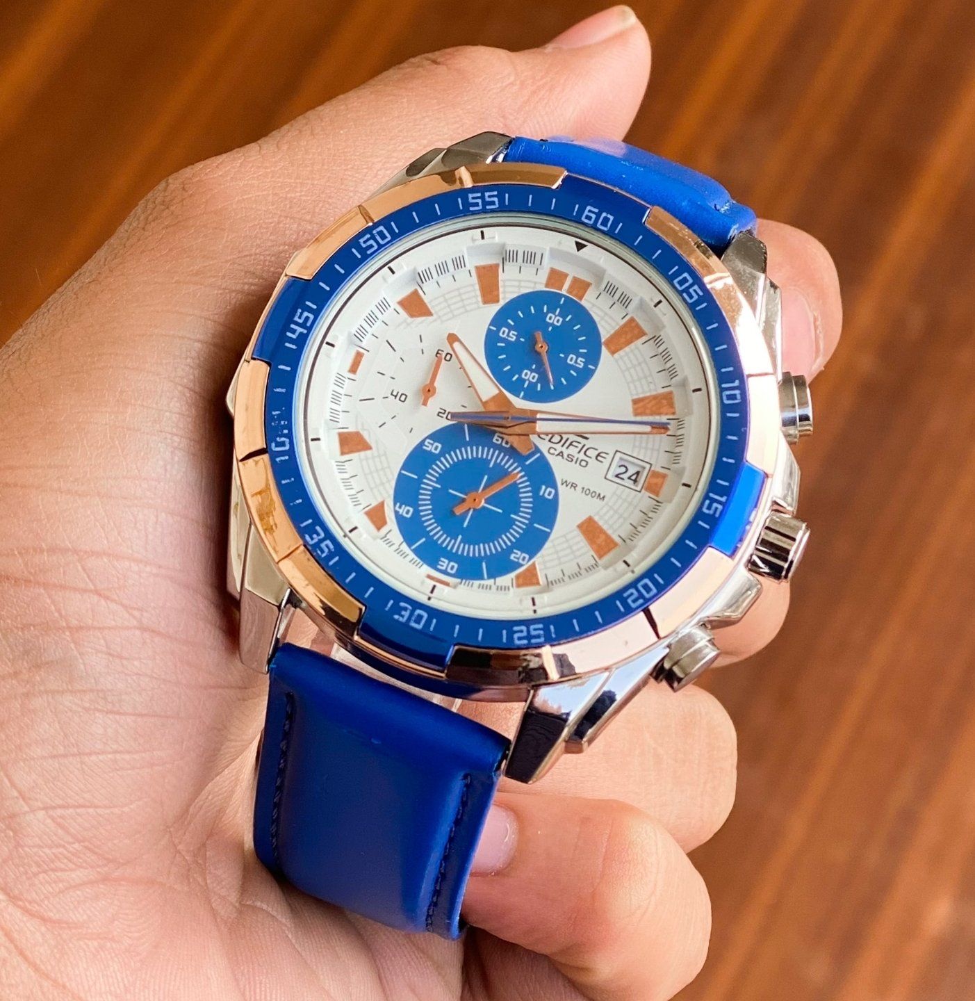 Casio edifice blue hot sale leather strap watch