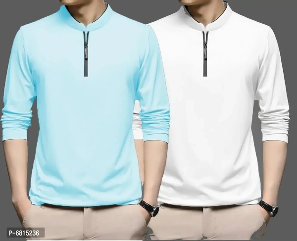 High Neck Men Full Sleev Tshirt Lycra Fabric Sky Blue, White - XL