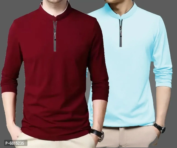 High Neck Men Full Sleev Tshirt Lycra Fabric  Brown Sky Blue - L