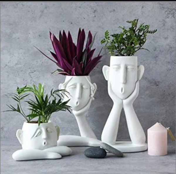 Human Face 3pc Set Planters  - 14  11 And  9 Inch, White