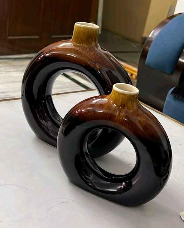 Brown Ceramic Donut Vase 2pc Set