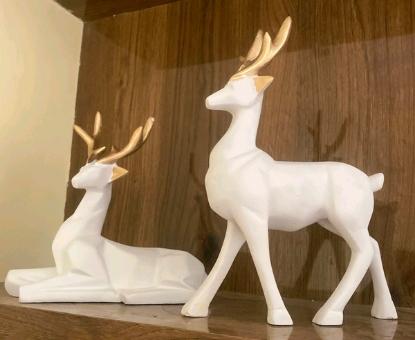 Resin White Deer Showpiece 2pc - White