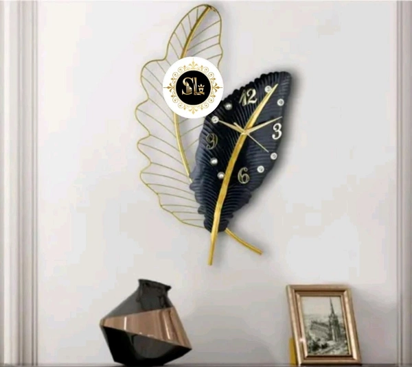 Wall Clock Black Leaf  - Size 24 X 14 Inch