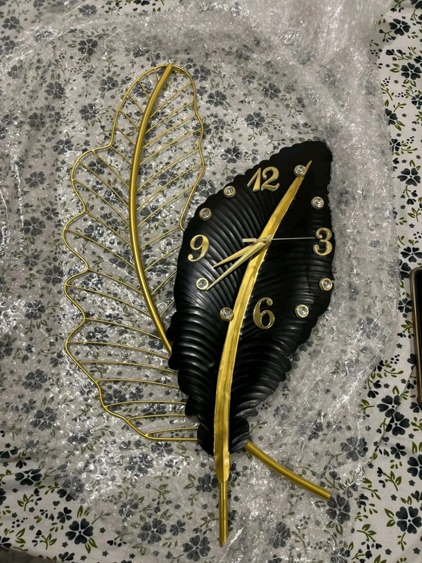 Wall Clock Black Leaf  - Size 24 X 14 Inch
