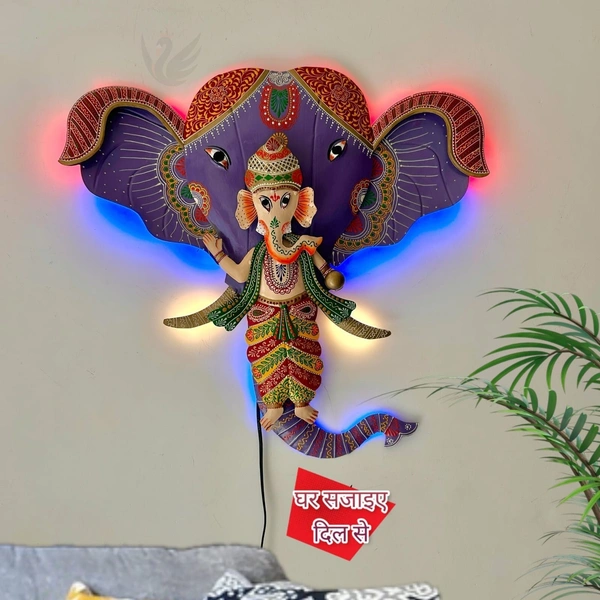 Metal Art Ganpati Decor with led lights - Size 26 x 28 inch