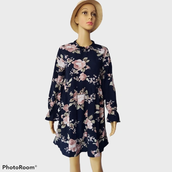  A Line Printed Dress - Navy, XS