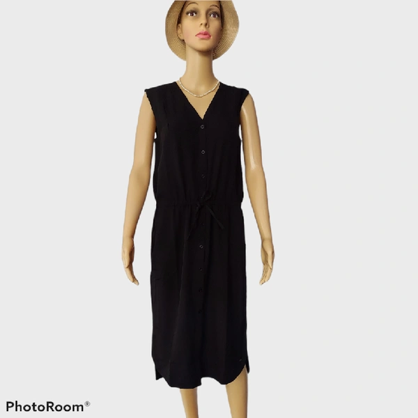 V Neck Solid Knee Dress - S, Black