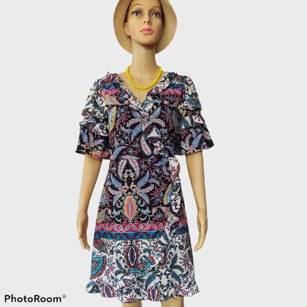 Printed A Line Wrap Dress - S