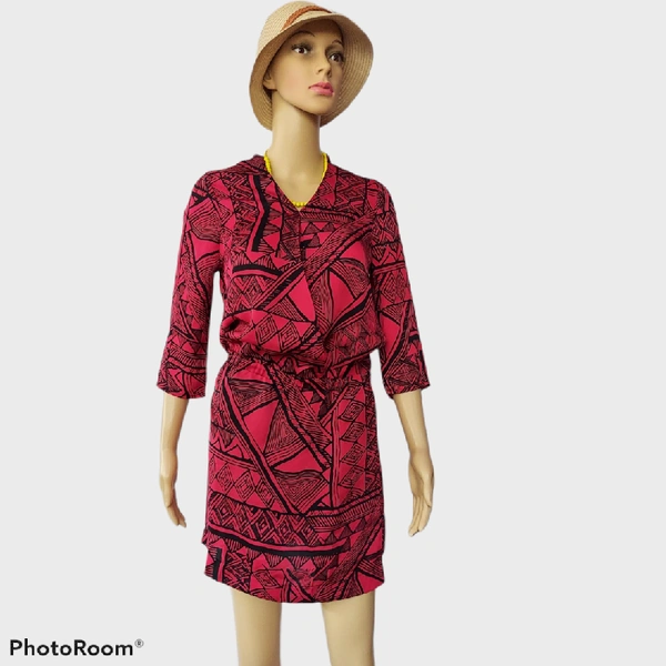 Printed Dress with Surplice Neckline - L, Red