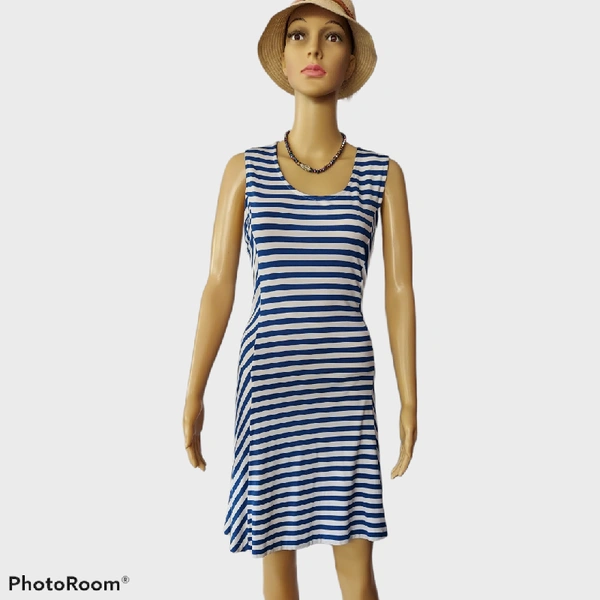 Striped A Line Dress - L, Blue