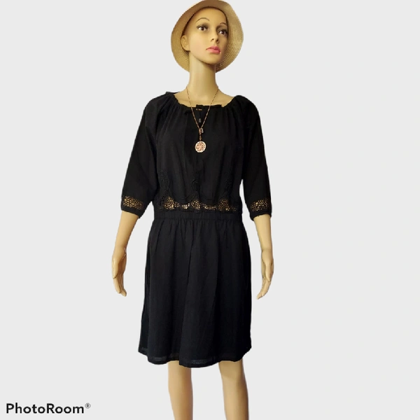 3/4 Sleeve Boho Dress - Black, L