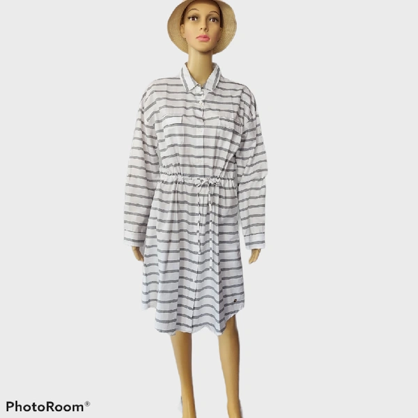 Striped A Line Dress - White, L