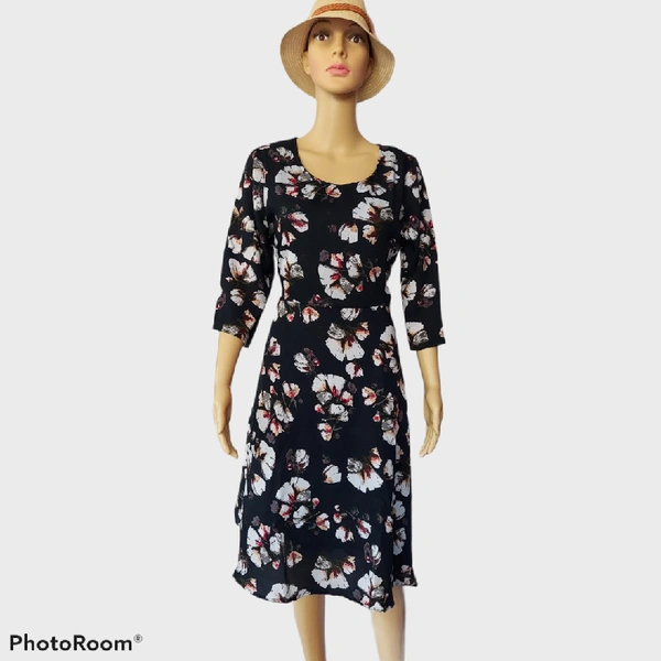 Floral Print A Line Dress - M, Navy