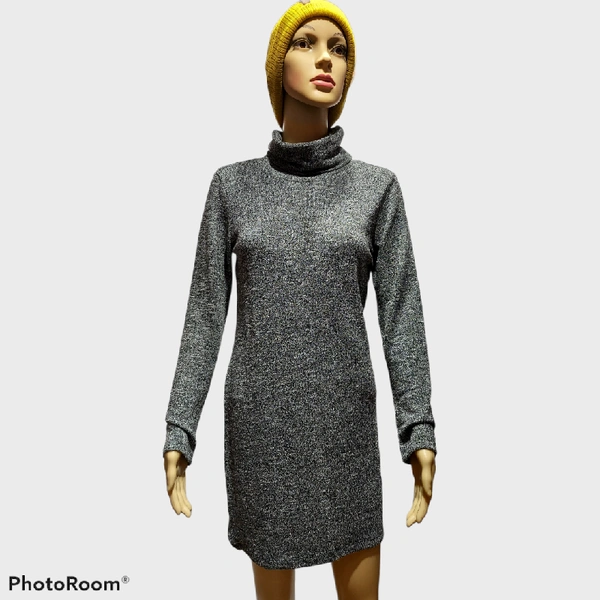 Roll Neck Knee Dress  - Grey, M