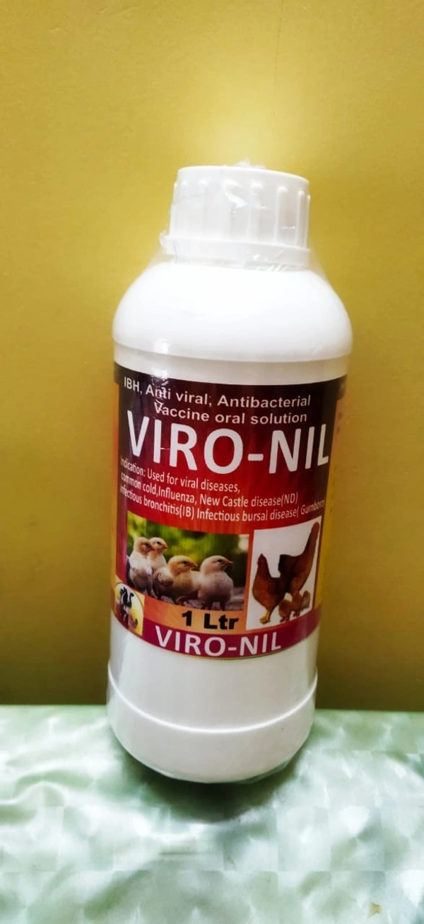 VIRONIL Indication: Used for viral diseases,common cold,Influenza, New Castle disease(ND),Infectious bronchitis(IB) Infectious bursal disease( Gumboro)) 1ltr