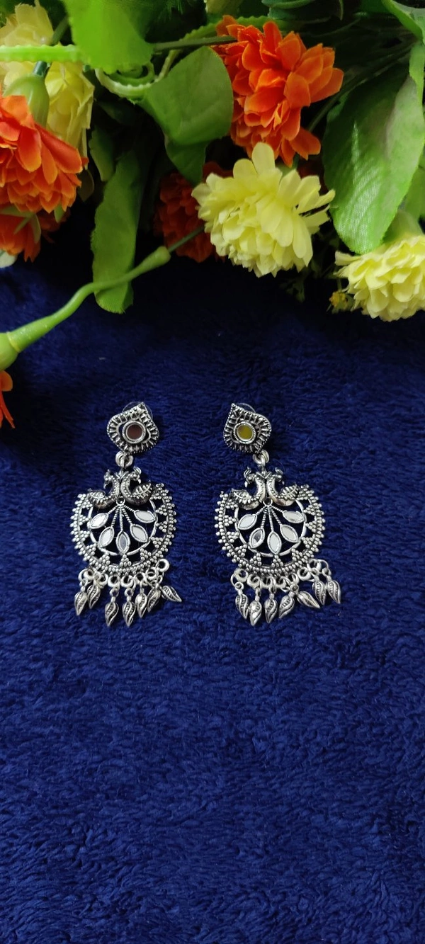 Long Oxidised Diamond Earrings  - Silver