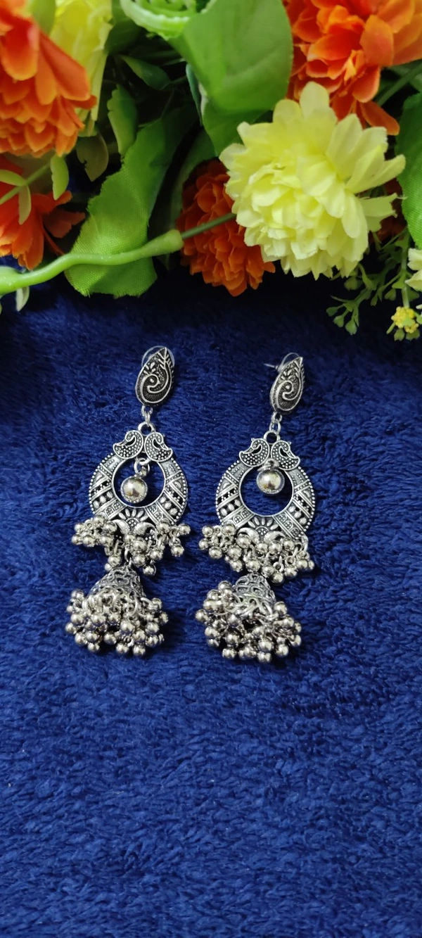 Long Oxidised Earrings  - Silver