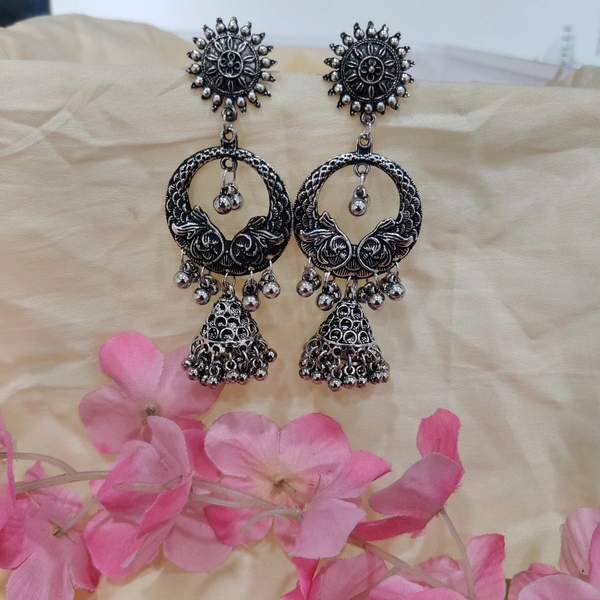Long Oxidised Jhumka Earrings  - Silver