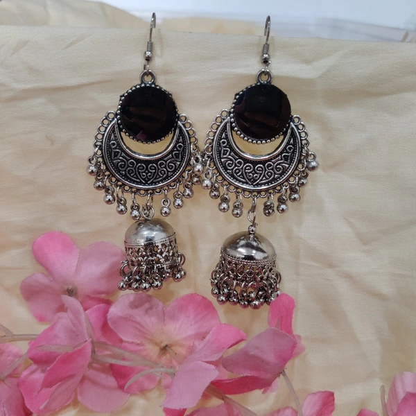 Long Oxidised Earrings  - Silver