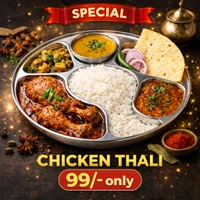 🔴Chicken Thaali Combo - Rice , 2PCS Chicken With Curry, Dal ,Sabji , Papad & Salad @ GKB SPECIAL 